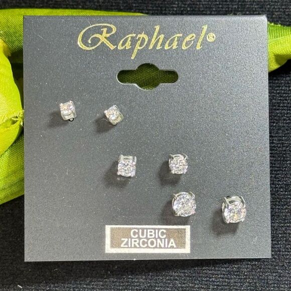 Raphael Silver Tome Set of 3 Pairs CZ Solitaire Post Earrings Round - Picture 2 of 6